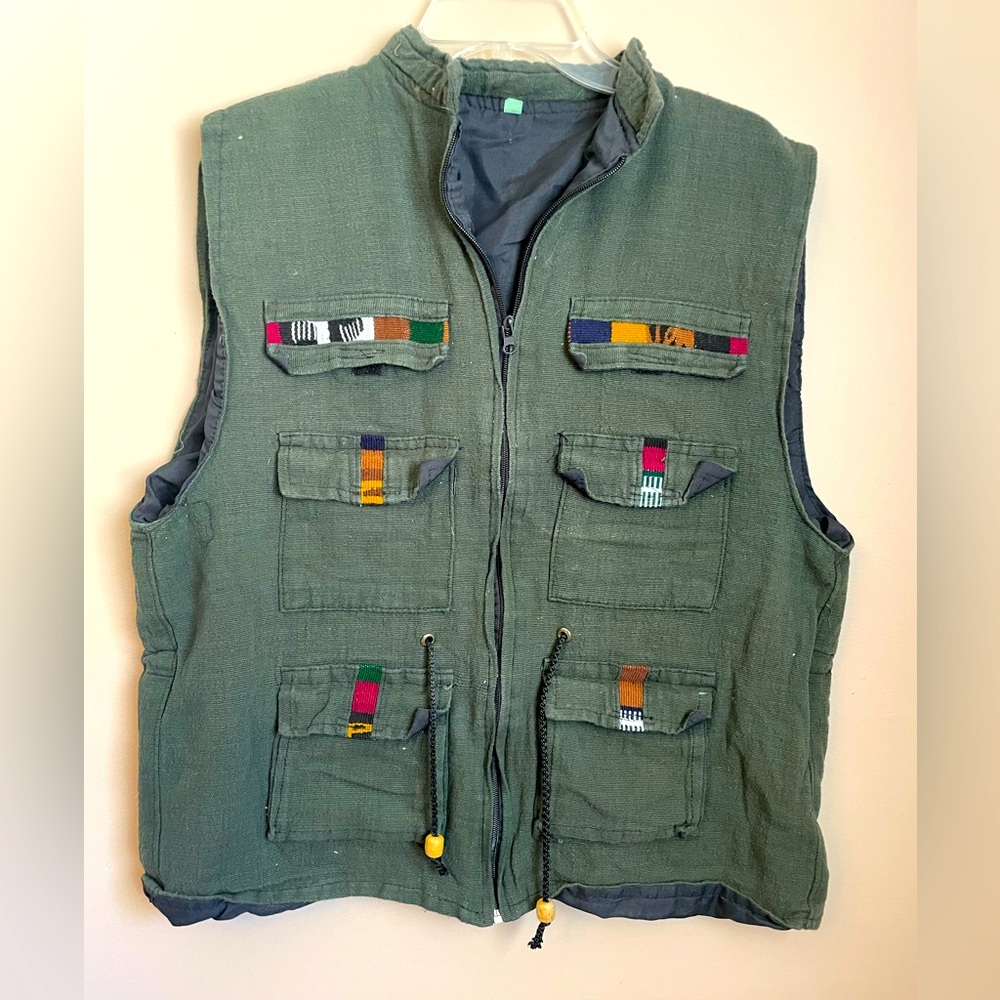 Boho men’s vest army green embroidered in xxl